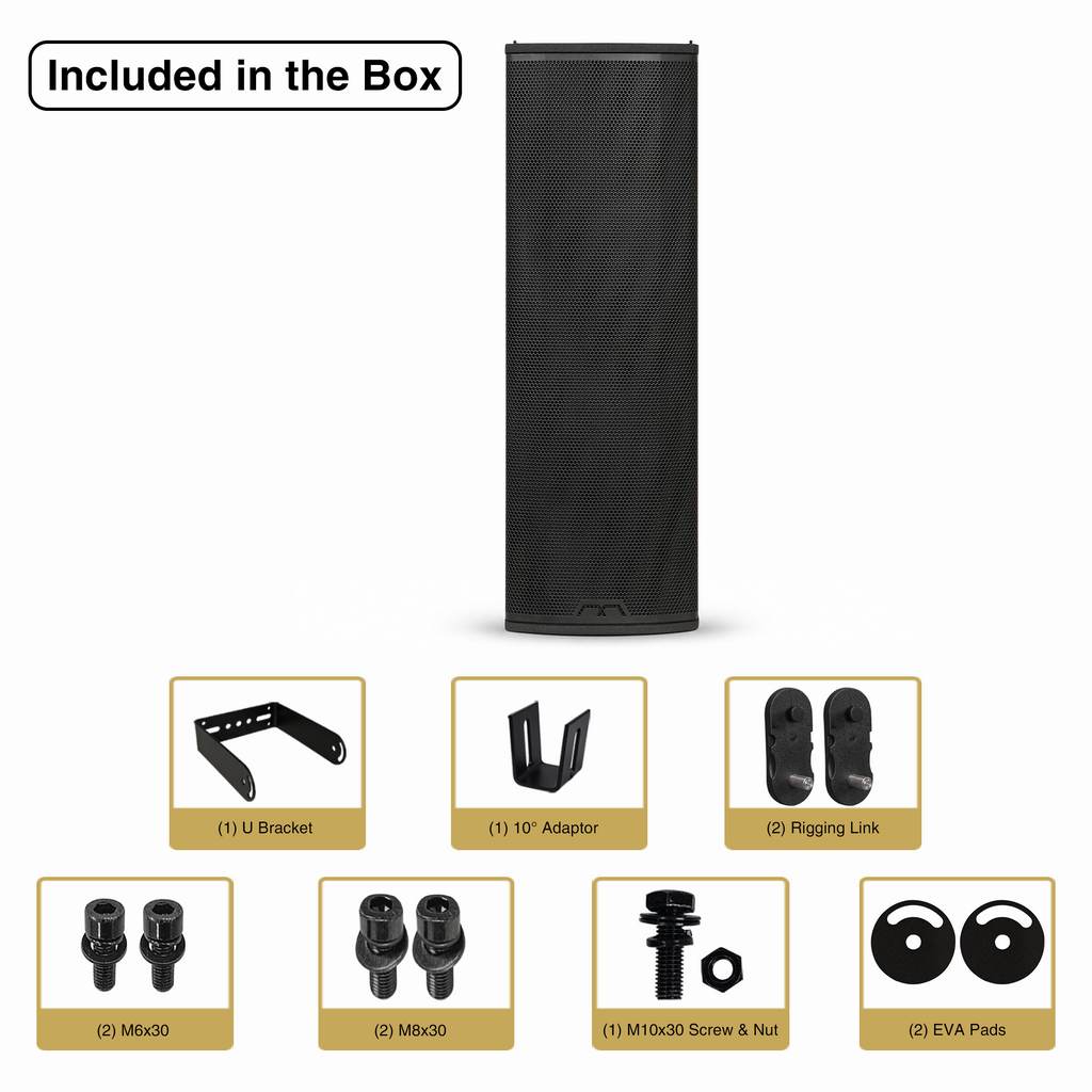 MODE Audio AURA-6.2 | AURA Series 2-Way 600W Passive Column Array Loudspeaker w/ LAVOCE 2 x 6.5" Woofers, Wall-Mount Bracket, Plywood, Black - Package Contents, Included in the Box