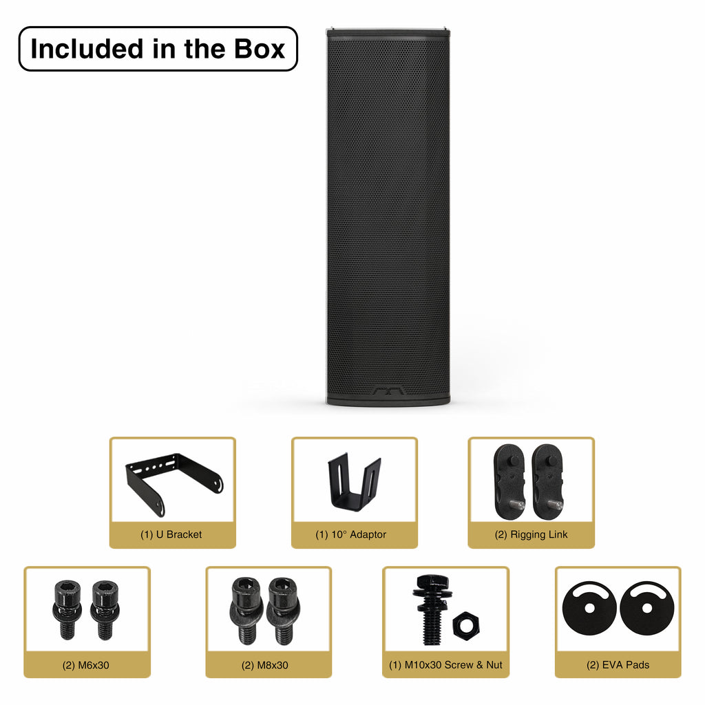 MODE Audio AURA-6.2A | AURA Series 2-Way 600W Powered Column Array Loudspeaker w/ LAVOCE 2 x 6.5" Woofers, Class-D, DSP, TWS, Wall-Mount Bracket, Plywood, Black - Package Contents, Included in the Box