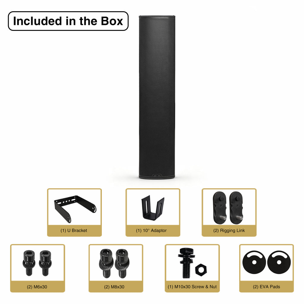 MODE Audio AURA-6.4 | AURA Series 2-Way 1000W Passive Column Array Loudspeaker w/ LAVOCE 4 x 6.5" Woofers, Wall-Mount Bracket, Plywood, Black - Package Contents, Included in the Box