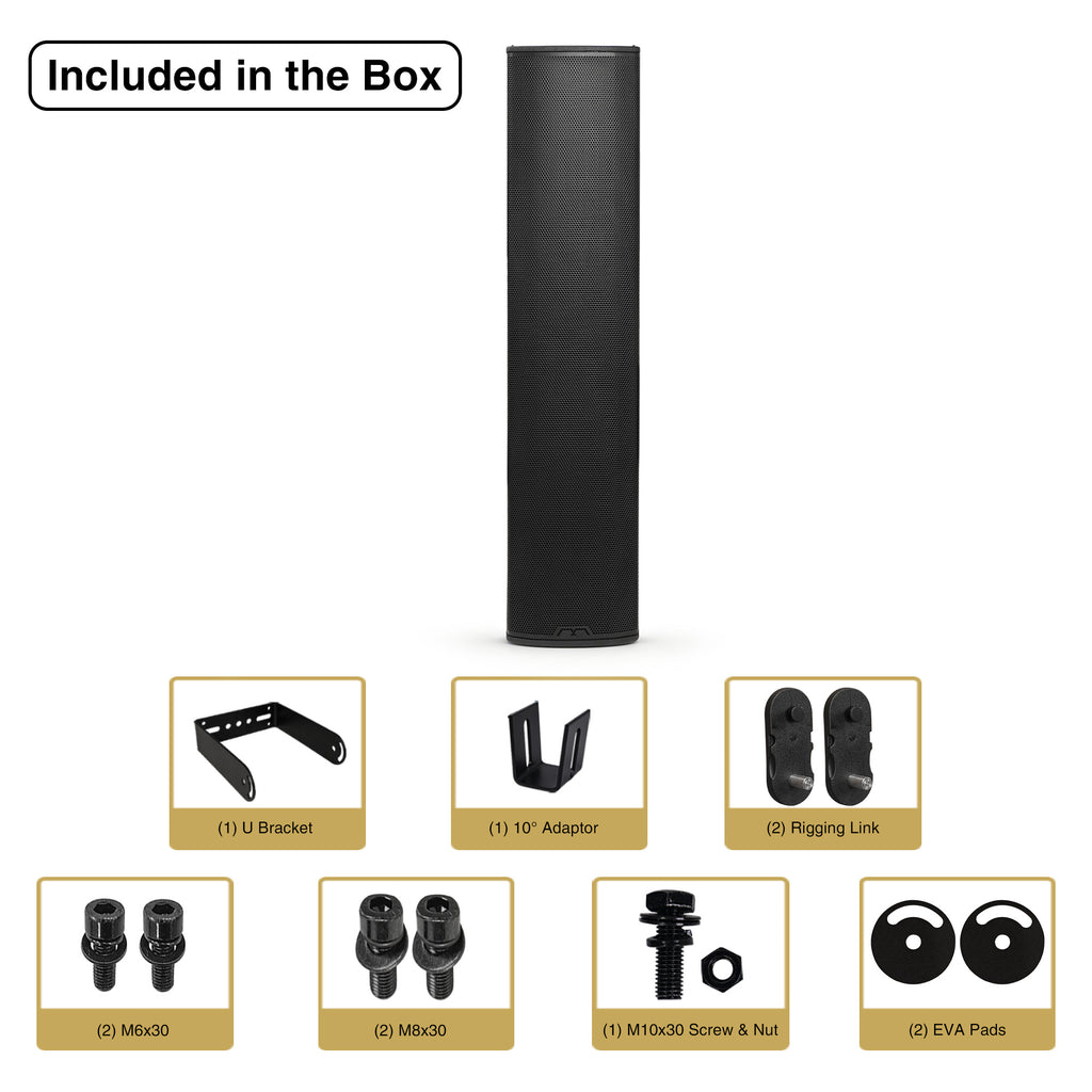 AURA-6.4A | AURA Series 2-Way 1000W Powered Column Array Loudspeaker w/ LAVOCE 4 x 6.5" Woofers, Class-D, DSP, TWS, Wall-Mount Bracket, Plywood, Black - Package Contents, Included in the Box