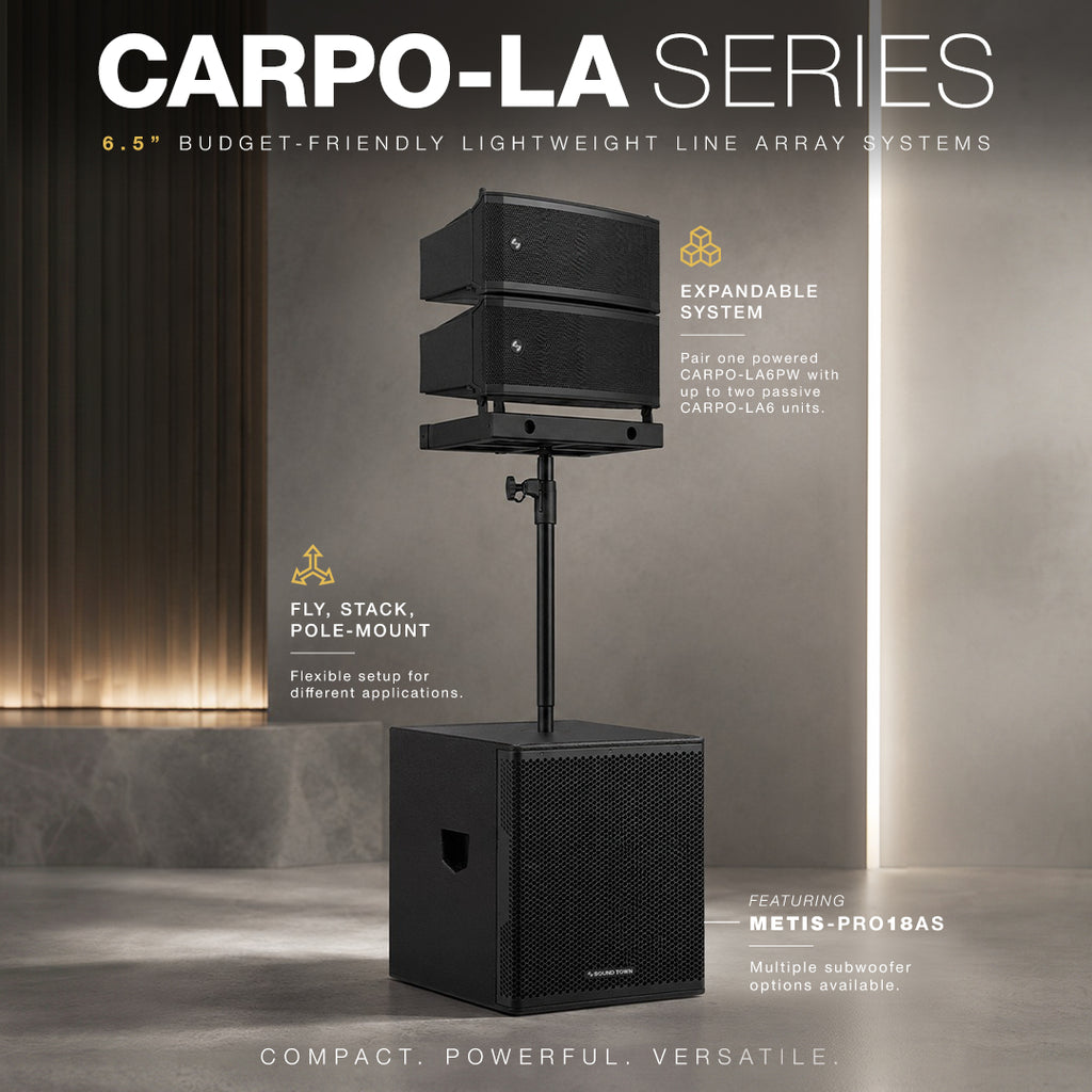 The Sound Town CARPO-LA Series features lightweight powered and passive 6.5" line array speakers for expandable sound reinforcement systems. The CARPO-LA6PW adds Class-D amplification, five DSP modes and output for up to two CARPO-LA6 passive units. Adjustable 0°–16° splay angles support flown, stacked and pole-mounted setups, with complete PA packages and multiple subwoofer options available.
