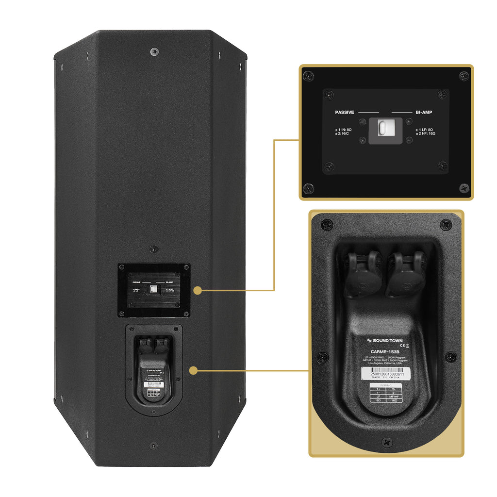 CARME-153B | CARME Series 15" 3-Way 1900W Passive PA Speaker with Neodymium Drivers, Bi-Amp, Birch Plywood, Black - Back Panel