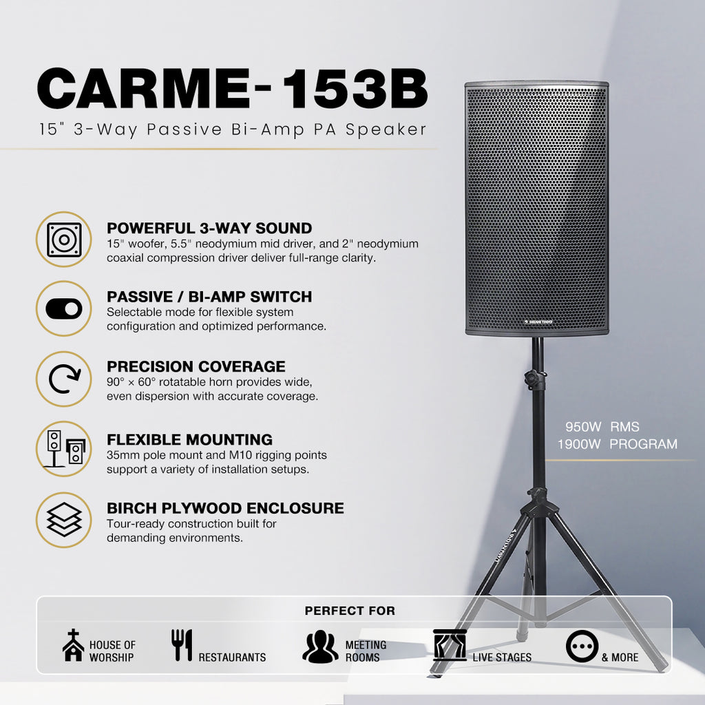 CARME-153B | 15" 3-Way Passive Bi-Amp PA Speaker for Powerful Full-Range Sound