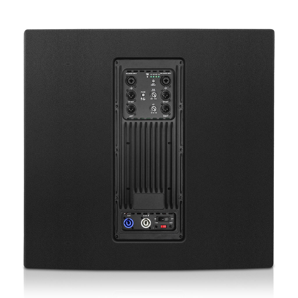 Sound Town CARME-18SPW CARME Series 1600W 18” Powered Subwoofer with DSP, LPF, Plywood, Black - Back Panel