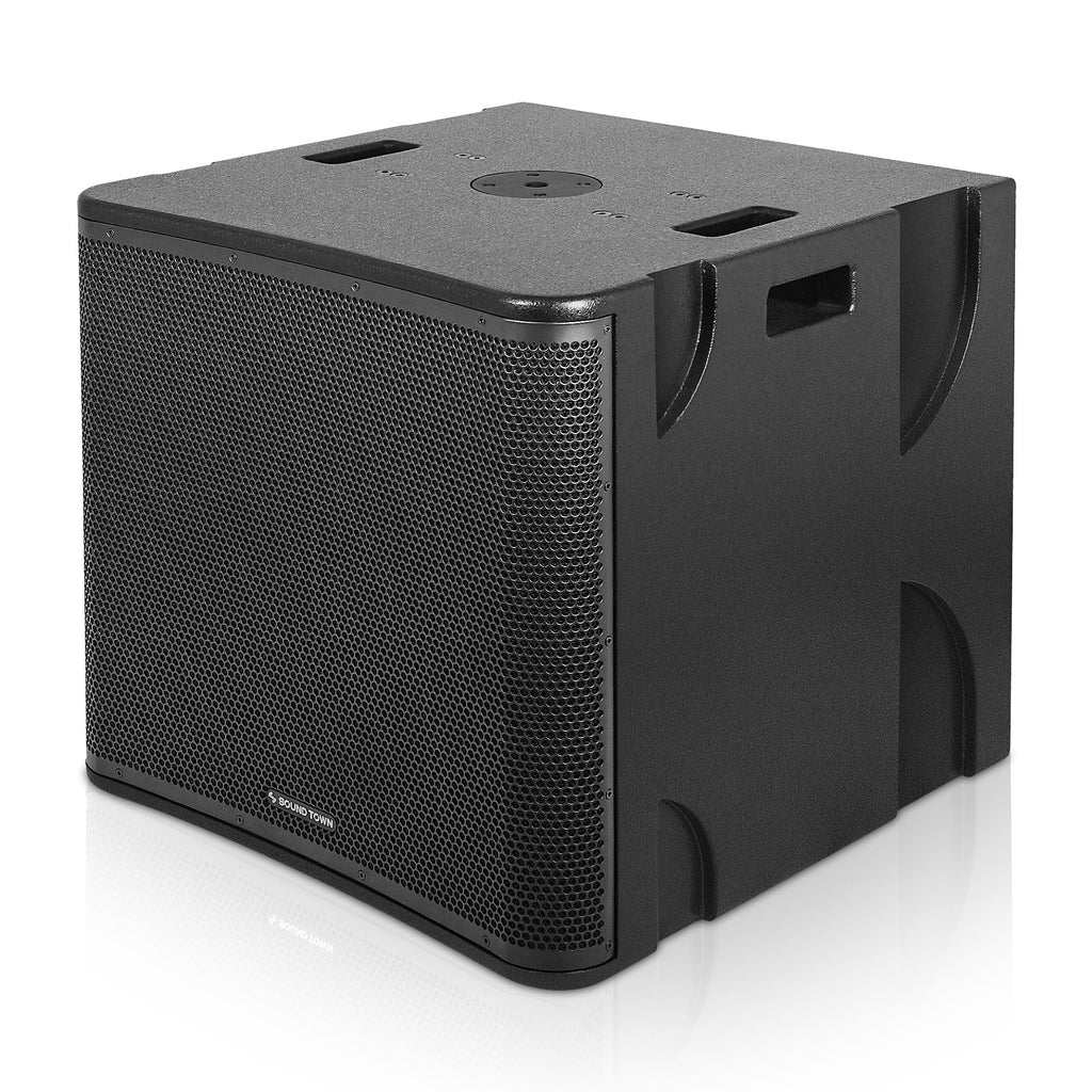 Sound Town CARME-18SPW CARME Series 1600W 18” Powered Subwoofer with DSP, LPF, Plywood, Black - Left Panel