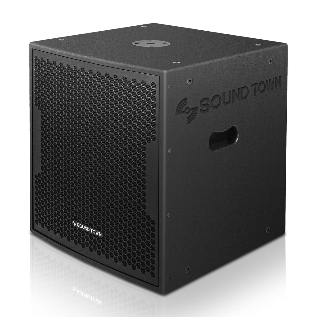 Sound Town CARME-18SPW1.1 | 18" 2400W Powered PA Subwoofer, Black w/ Speaker Output, DSP, Plywood, TWS Bluetooth, for Lounges, Clubs, Bars, Theaters, Church - Left Panel