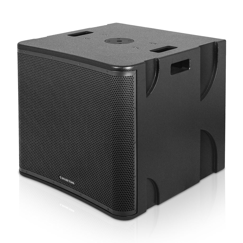 Sound Town CARME-18SPW CARME Series 1600W 18” Powered Subwoofer with DSP, Plywood, Black - Left Panel