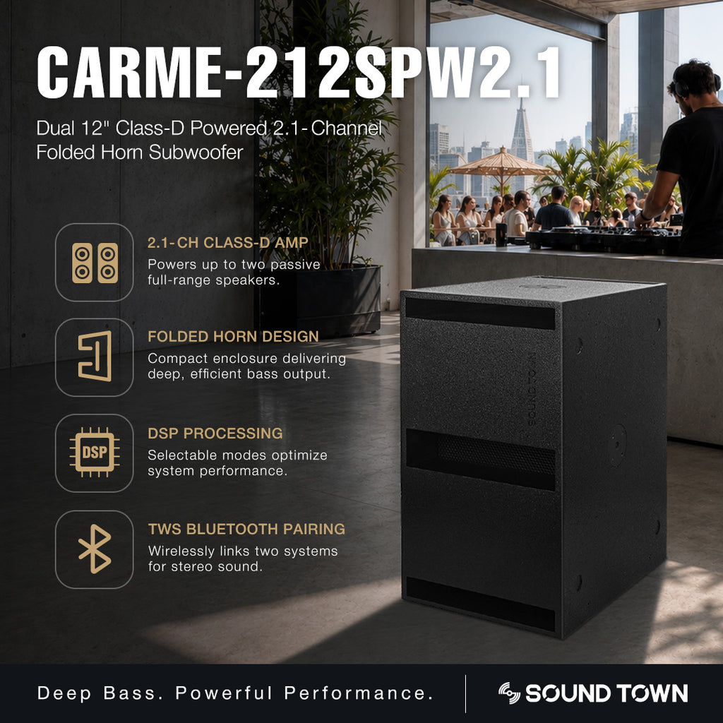 CARME-212SPW2.1 | Dual 12" Powered Folded Horn Subwoofer with Built-In 2.1 Class-D Amplification, DSP, and TWS Bluetooth for Live Sound, DJs, and Event Production