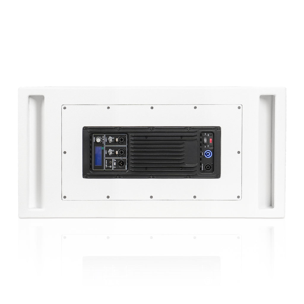 Sound Town CARME-212SWPW1.1 | Dual 12" 2400W Powered PA Folded Horn Subwoofer w/ Speaker Output, DSP, TWS Bluetooth, Birch Plywood, White - Back Panel