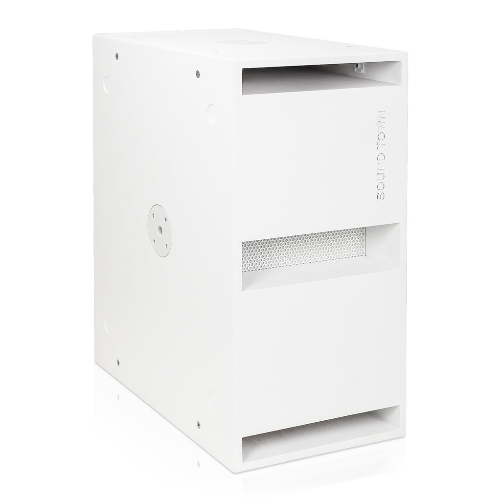 Sound Town CARME-212SWPW1.1 | Dual 12" 2400W Powered PA Folded Horn Subwoofer w/ Speaker Output, DSP, TWS Bluetooth, Birch Plywood, White - Folded Horn Design