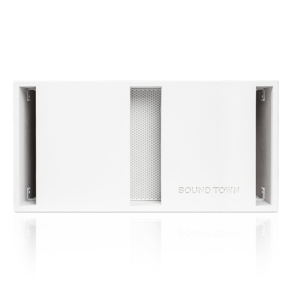 Sound Town CARME-212SWPW1.1 | Dual 12" 2400W Powered PA Folded Horn Subwoofer w/ Speaker Output, DSP, TWS Bluetooth, Birch Plywood, White - Front Panel - Left Side