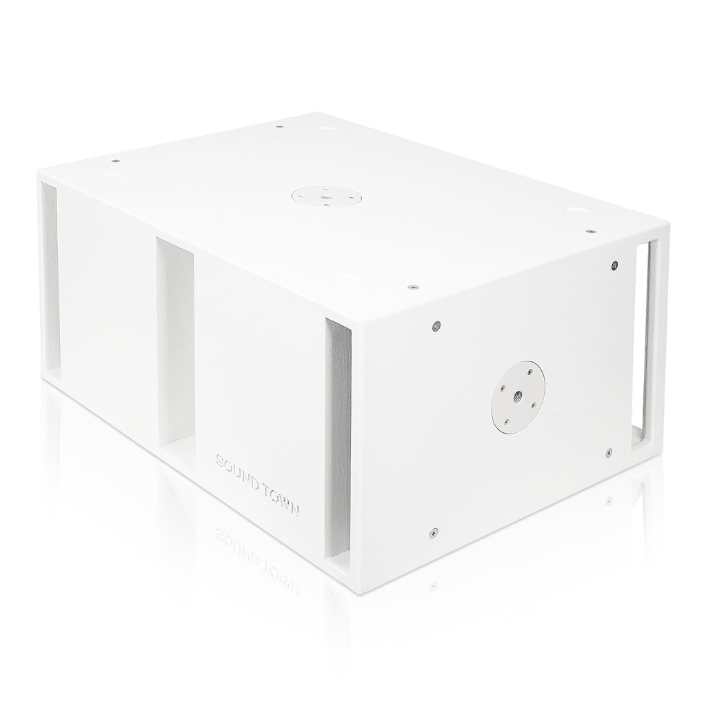 Sound Town CARME-212SWPW1.1 | Dual 12" 2400W Powered PA Folded Horn Subwoofer w/ Speaker Output, DSP, TWS Bluetooth, Birch Plywood, White - Left Side