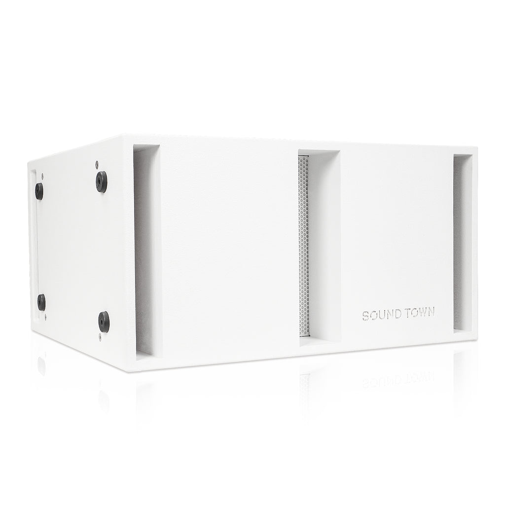 Sound Town CARME-212SWPW1.1 | Dual 12" 2400W Powered PA Folded Horn Subwoofer w/ Speaker Output, DSP, TWS Bluetooth, Birch Plywood, White - Right Angle 