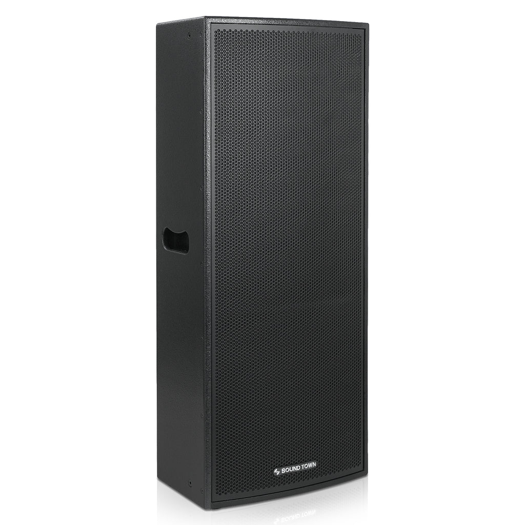 Sound Town CARME-215BPW | Dual 15" 2-Way Class-D Powered Professional PA DJ Loudspeaker with DSP & TWS Bluetooth for Live Sound, Churches, Lounges, Bars, Black - Right Angle 