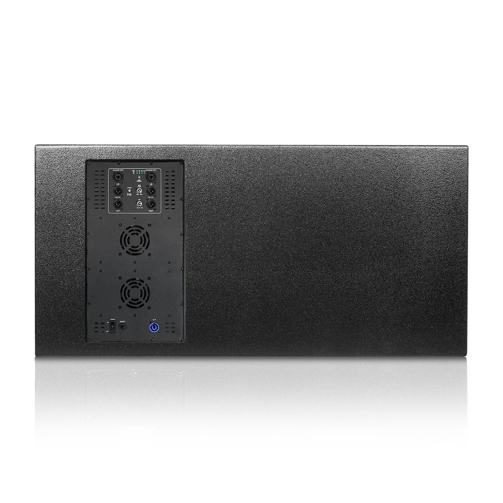 Sound Town CARME-218SBPW | CARME Series Dual 18" 3200W Powered PA Subwoofer w/ 2-Channel Class-D Amplifier and DSP, LPF, 4" Voice Coil, Birch Plywood, Black - Back Panel, Plate Amp