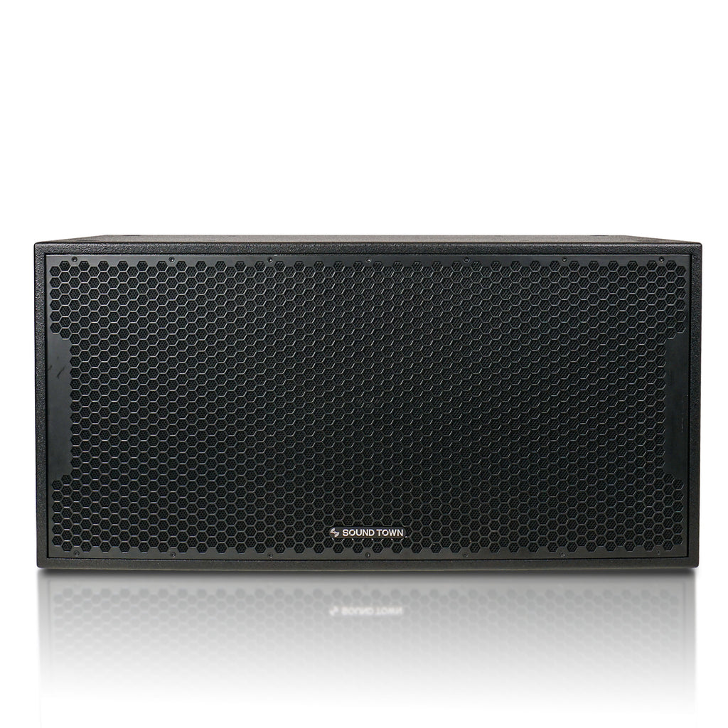 Sound Town CARME-218SBPW | CARME Series Dual 18" 3200W Powered PA Subwoofer w/ 2-Channel Class-D Amplifier and DSP, LPF, 4" Voice Coil, Birch Plywood, Black - Front Panel