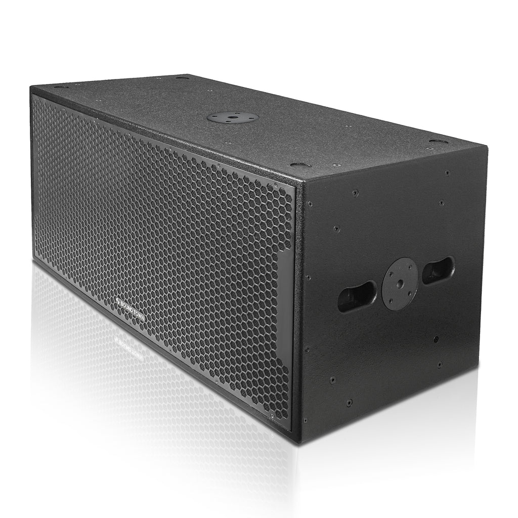 Sound Town CARME-218SBPW | CARME Series Dual 18" 3200W Powered PA Subwoofer w/ 2-Channel Class-D Amplifier and DSP, LPF, 4" Voice Coil, Birch Plywood, Black - Left View