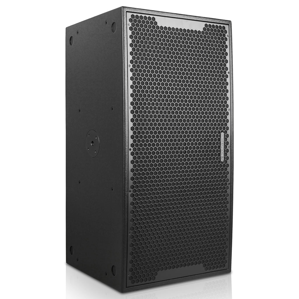 Sound Town CARME-218SBPW | CARME Series Dual 18" 3200W Powered PA Subwoofer w/ 2-Channel Class-D Amplifier and DSP, LPF, 4" Voice Coil, Birch Plywood, Black - Right View, Vertical