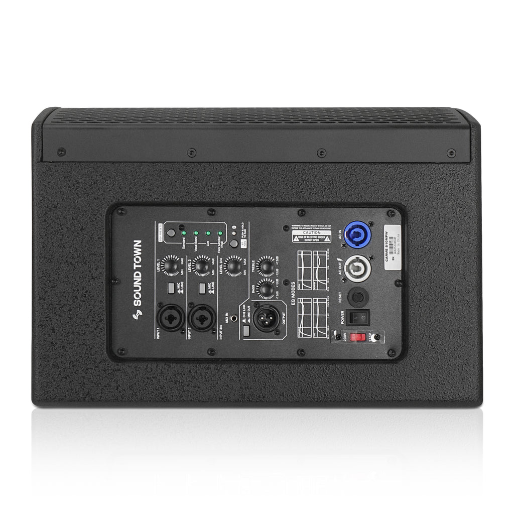 Sound Town CARME-S10MPW | 10“ Coaxial 2-Way Powered Professional PA DJ Stage Monitor Speaker with DSP, for Live Sound, Bar, Church-Back Panel 