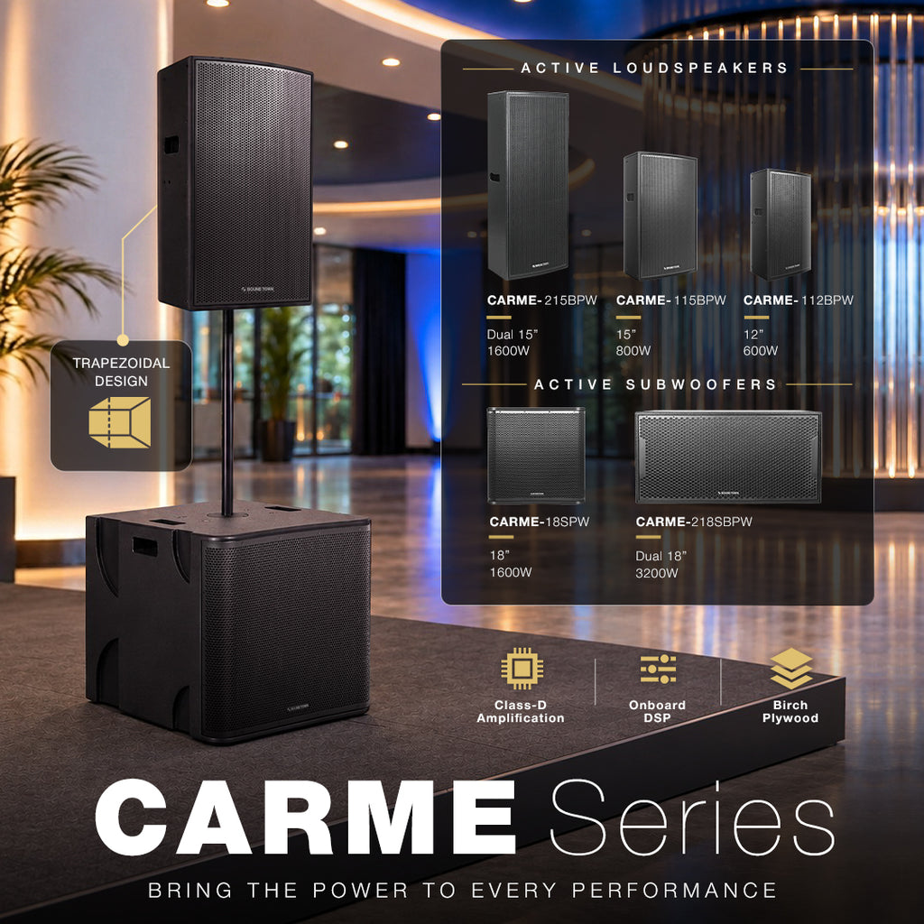 The CARME Series from Sound Town features powered PA loudspeakers and subwoofers in multiple sizes and configurations. Class-D amplification, onboard DSP, and birch plywood enclosures deliver powerful full-range sound and deep bass. Multi-angle cabinets support main PA or floor-monitor use, while select models offer pole or wall mounting. Subwoofers include adjustable low-pass filtering and DSP presets. Ideal for live events, DJs, clubs, houses of worship, theaters, schools, and installations.