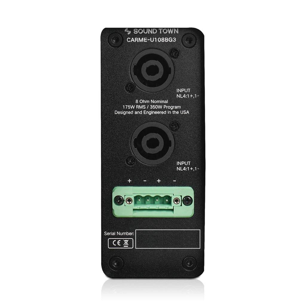 Sound Town CARME-U108BG3 | CARME Series 8" Passive 350W 2-Way Wall-Mount Loudspeaker, Black w/ U Bracket for Commercial Installation, Live Sound, Bar, Church-Back Panel