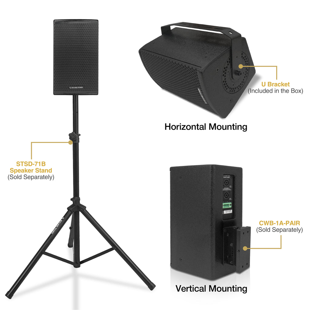 Sound Town CARME-U108BG3 | CARME Series 8" Passive 350W 2-Way Wall-Mount Loudspeaker, Black w/ U Bracket for Commercial Installation, Live Sound, Bar, Church-Versatile installation Options