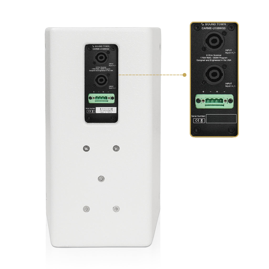 Sound Town CARME-U108WG3 | CARME Series 8" Passive 350W 2-Way Wall-Mount Loudspeaker, White w/ U Bracket for Commercial Installation, Live Sound, Bar, Church-Back Panel