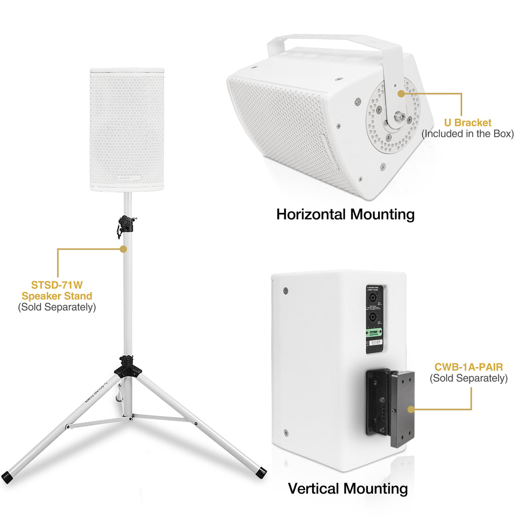 Sound Town CARME-U108WG3 | CARME Series 8" Passive 350W 2-Way Wall-Mount Loudspeaker, White w/ U Bracket for Commercial Installation, Live Sound, Bar, Church-Versatile installation Options