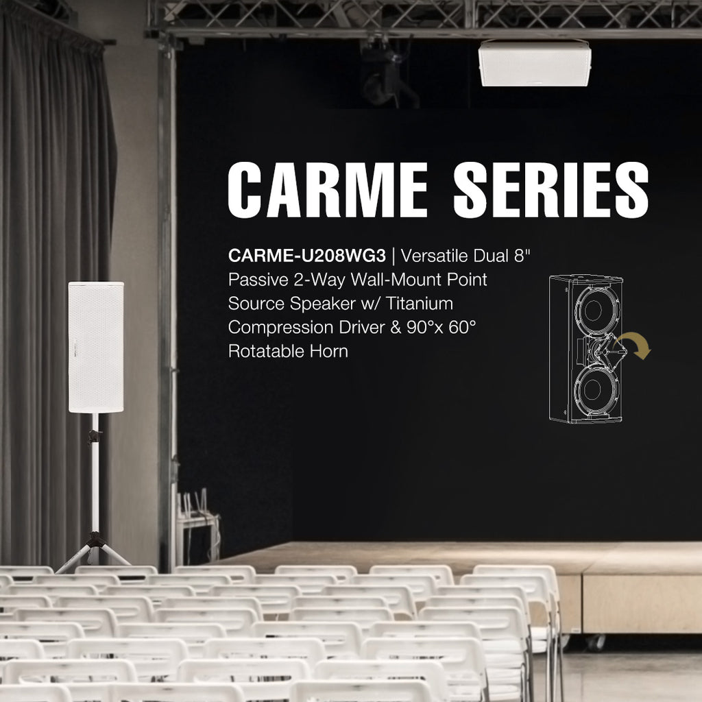Sound Town CARME-U208WG3 | CARME Series Dual 8" Passive 2-Way Professional Wall-Mount Stage Monitor Loudspeaker w/ Compression Driver and U-Bracket, White - Vertical and Horizontal Installation, Rotatable Horn, Point-Source Speaker