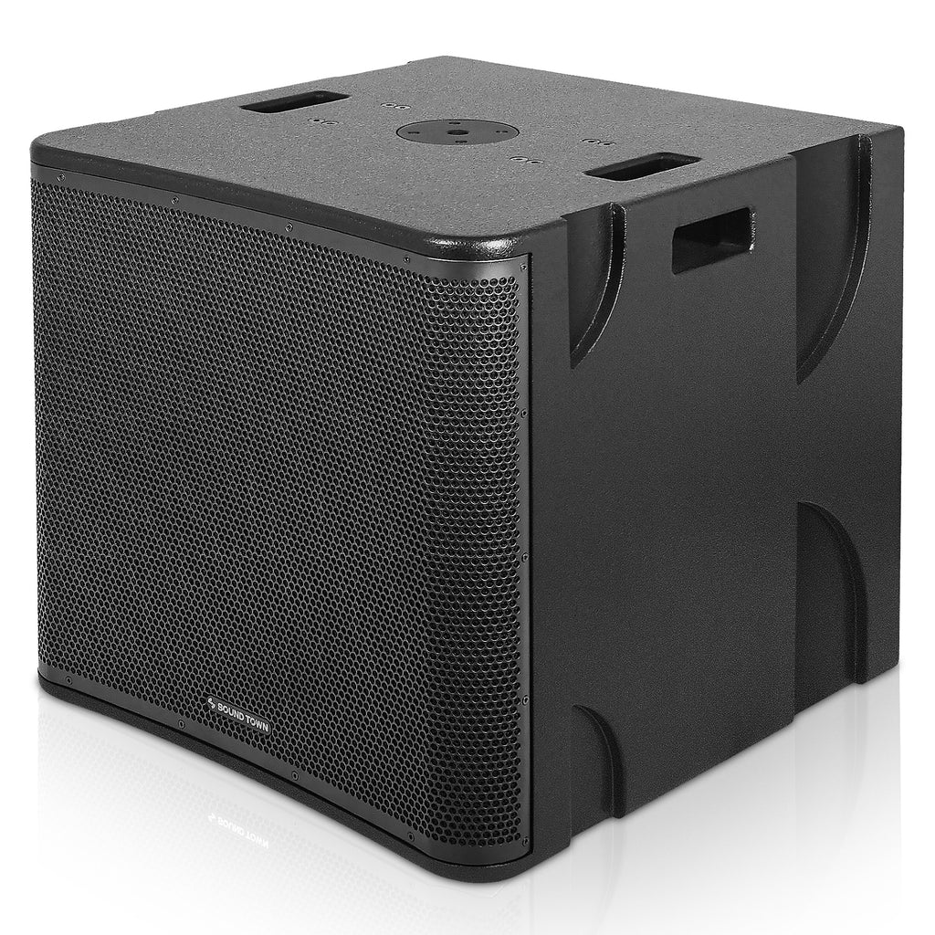 Sound Town CARME112115-NESO-S1 CARME Series 1400W 15" Powered Subwoofer with DSP, Plywood, Black, PA System - Left Panel