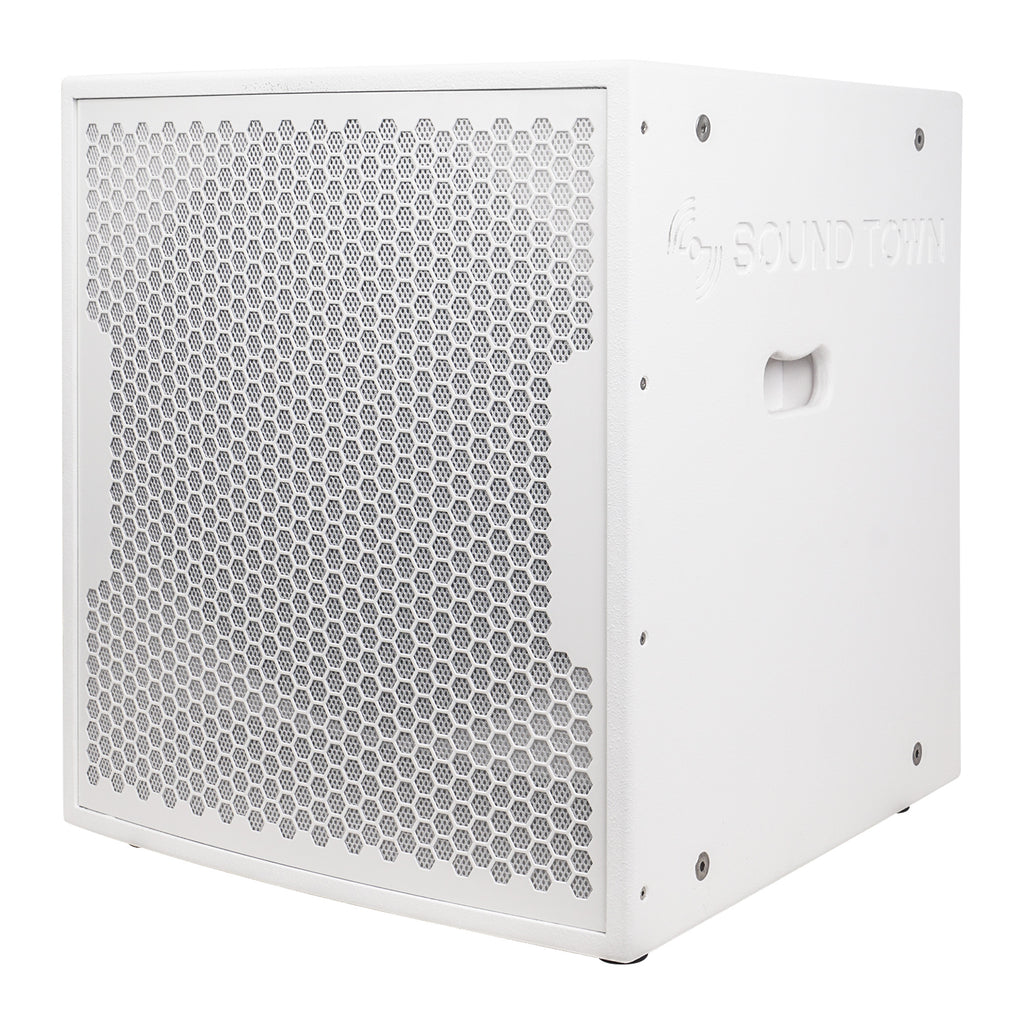 Sound Town CARPO-18SWPW-R | REFURBISHED: 2000W 18" Powered DJ/PA Pro Audio Subwoofer with 2 Speaker Outputs, 4" Voice Coil, White - Left Panel