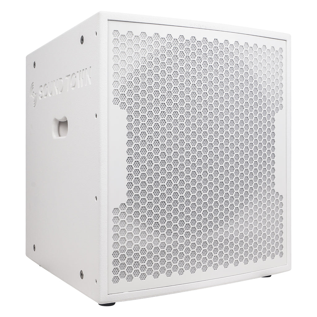 Sound Town CARPO-18SWPW-R | REFURBISHED: 2000W 18" Powered DJ/PA Pro Audio Subwoofer with 2 Speaker Outputs, 4" Voice Coil, White - Right Panel