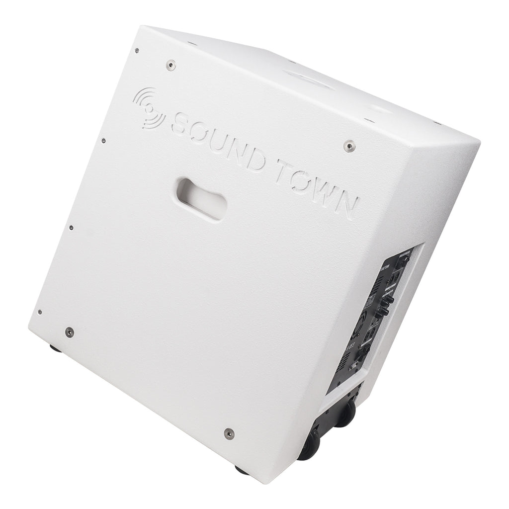 Sound Town CARPO-18SWPW-R | REFURBISHED: 2000W 18" Powered DJ/PA Pro Audio Subwoofer with 2 Speaker Outputs, 4" Voice Coil, White - Wheels, Casters