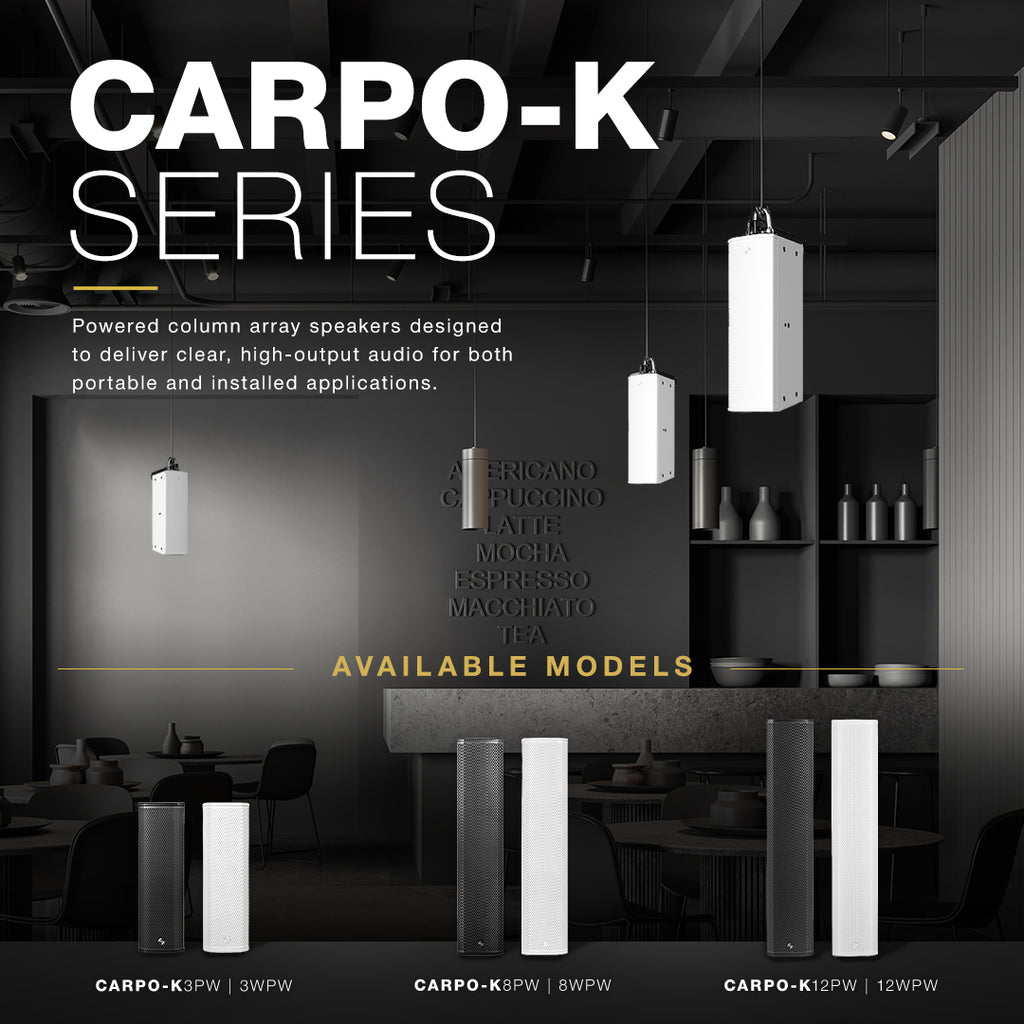 Sound Town CARPO-K Series powered column array speakers for portable and installed sound applications. Supports wall-mounted, pole-mounted, flown, stacked, and expandable configurations with mounting and rigging accessories. Features Class-D amplification, TWS Bluetooth, mic/line and AUX connectivity, and onboard DSP on select models. Built with durable birch plywood in black and white finishes for live stages, houses of worship, restaurants, lounges, auditoriums, and professional audio applications.