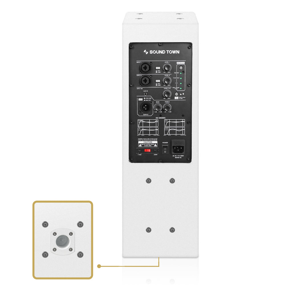 Sound Town CARPO-K3WPW Powered Wall-Mount Column Line Array Speaker w/ 2x5" Woofers, Dual Compression Drivers, Class-D amp, TWS, Birch Plywood, White - 35mm Socket on the Bottom