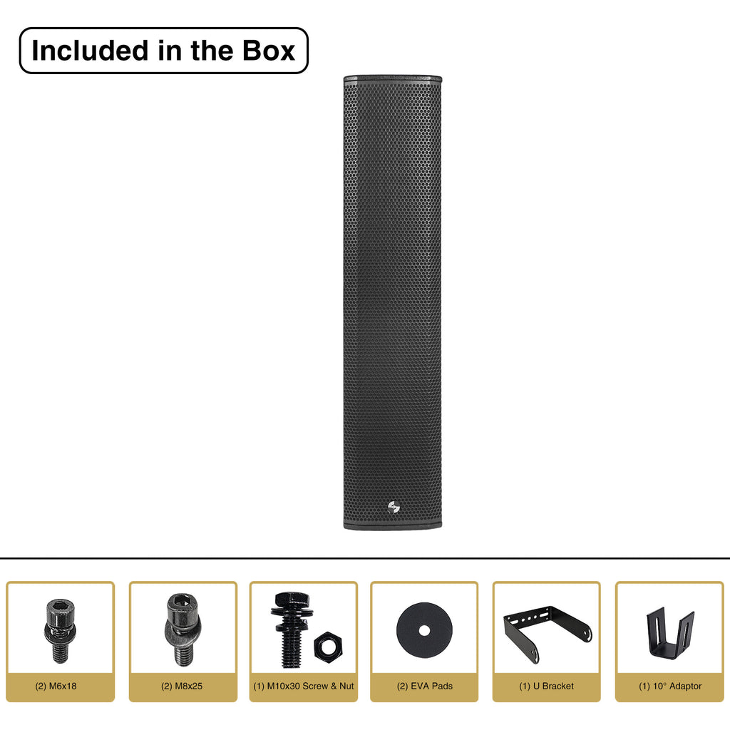 Sound Town CARPO-K8PW | High-Power Powered Column Line Array Speaker with 4x6" Woofers, Dual Compression Drivers, Class-D with DSP, TWS, Birch Plywood, Wall Mount for Installations, Conference, Black - Package Contents, Included in the Box