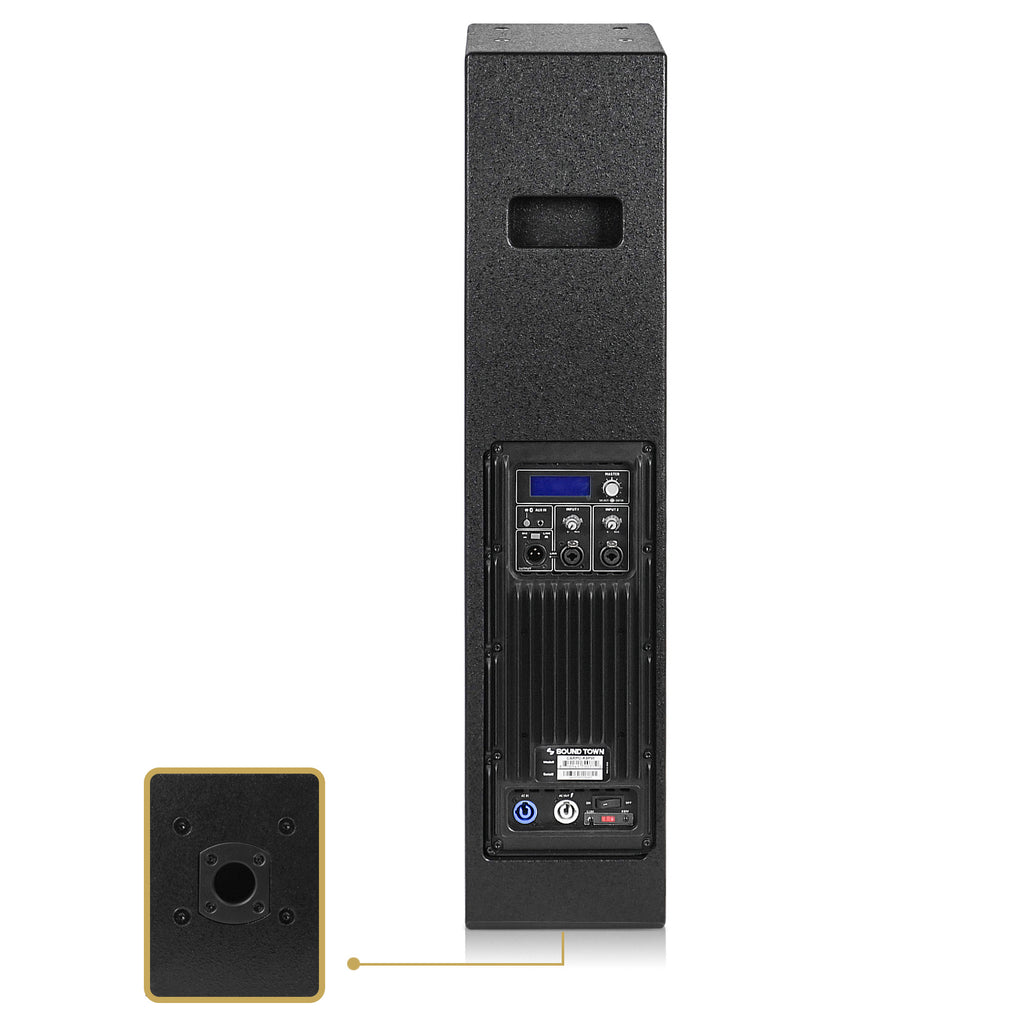 Sound Town CARPO-K8PW | Powered Column Array Loudspeaker w/ 4 x 6.5" Woofers, 1200W, Class-D with DSP & TWS, Wall-Mount for PA Installations, Black - Back Panel with 35mm Socket on the Bottom