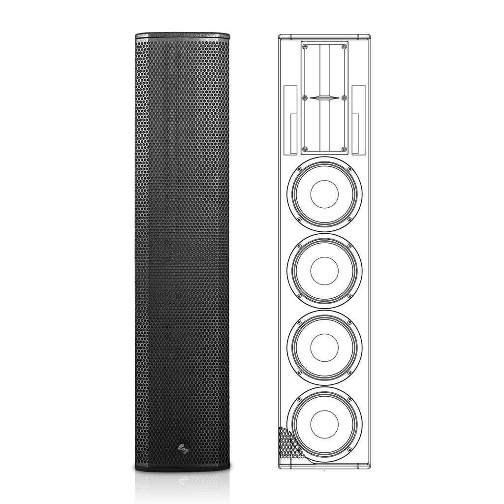 Sound Town CARPO-K8PW | Powered Column Array Loudspeaker w/ 4 x 6.5" Woofers, 1200W, Class-D with DSP & TWS, Wall-Mount for PA Installations, Black - Front View with Horn Tweeter