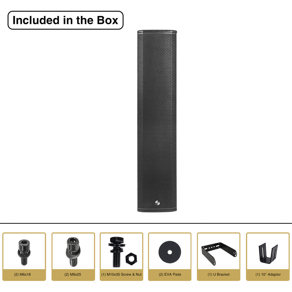 Sound Town CARPO-K8PW | Powered Column Array Loudspeaker w/ 4 x 6.5" Woofers, 1200W, Class-D with DSP & TWS, Wall-Mount for PA Installations, Black - Package Contents, Included in the Box
