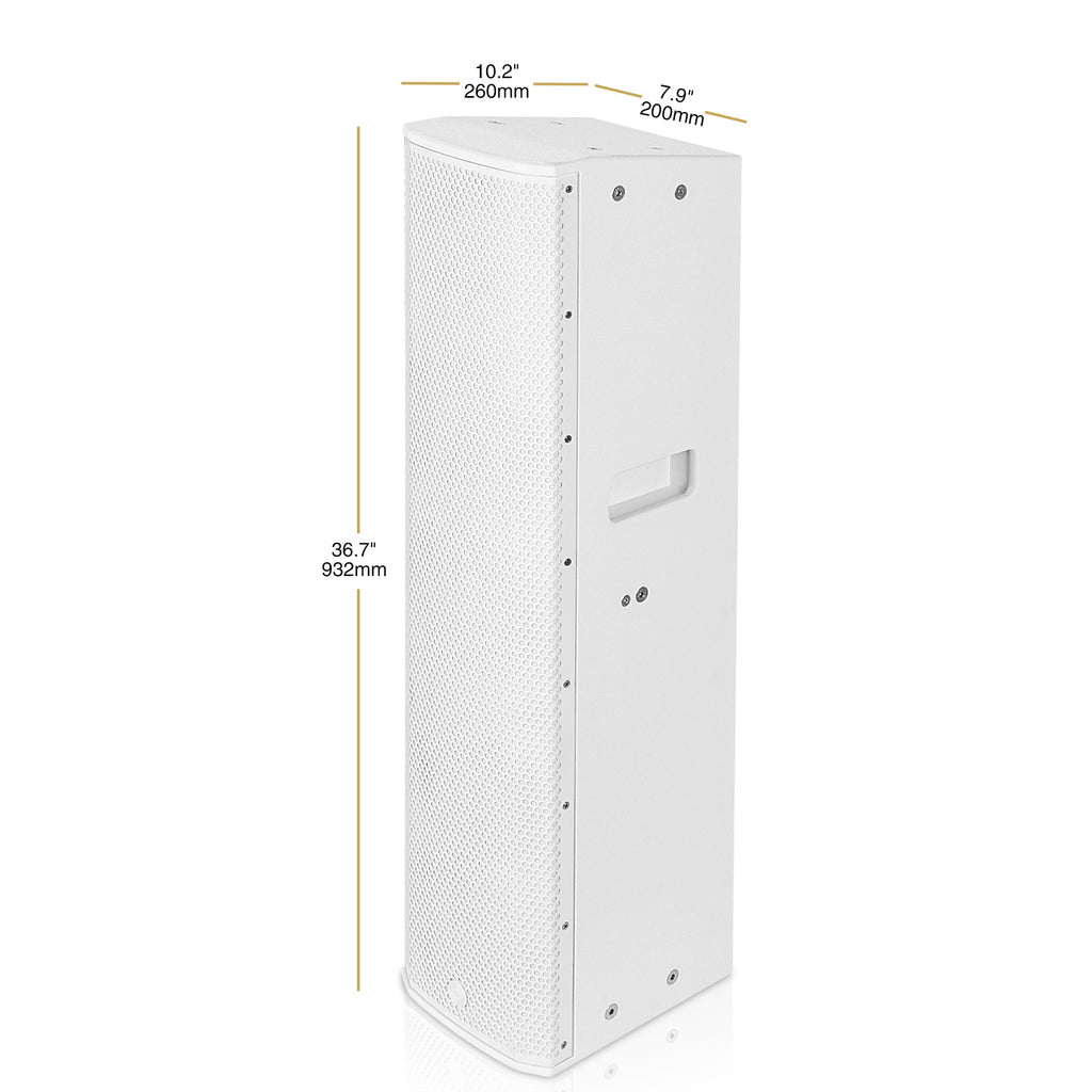Sound Town CARPO-K8WPW |  High-Power Powered Wall-Mount Column Line Array Speaker W/ 4x6.5" Woofers, Dual Compression Drivers, Class-D W/DSP, TWS, Plywood, White - Size and Dimensions