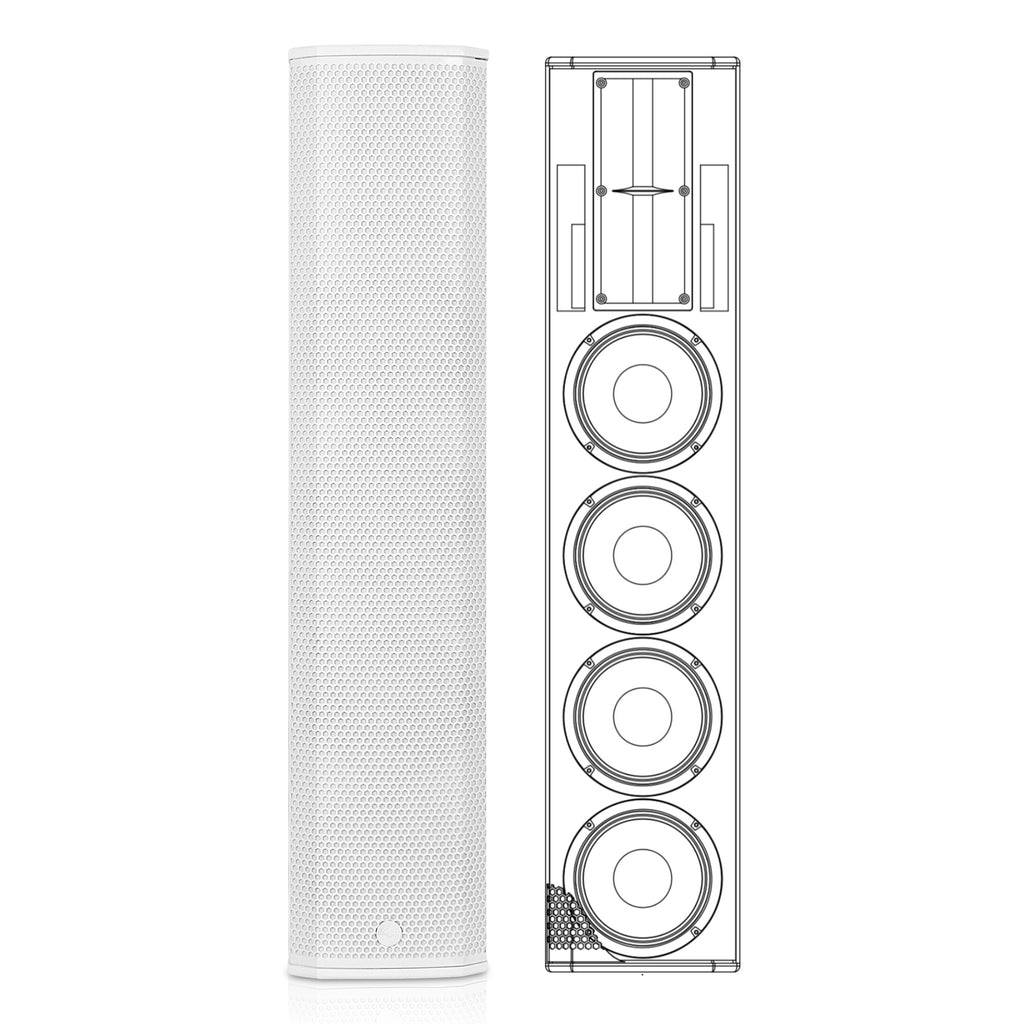 Sound Town CARPO-K8WPW | High-Power Powered Wall-Mount Column Line Array Speaker W/ 4x6.5" Woofers, Dual Compression Drivers, Class-D W/DSP, TWS, Plywood, White - Front View with Horn Tweeter