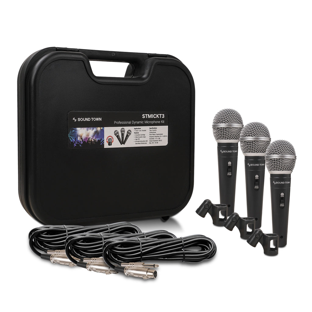 Sound Town CARPO-L1MKT3 3-piece Professional Handheld Dynamic Microphone Kit with Carry Case, Mic Clips, 26ft XLR to 1/4" Audio Cables