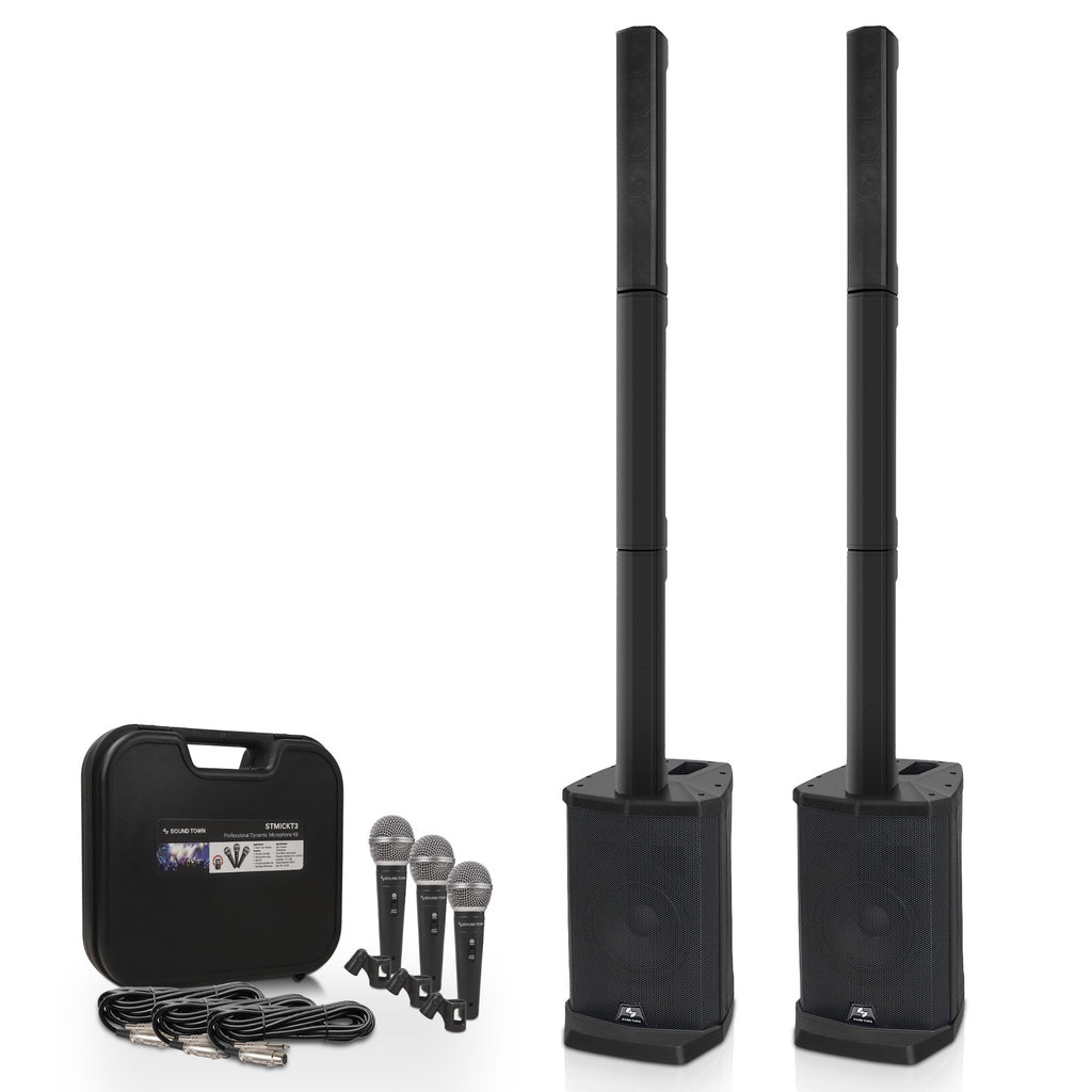Sound Town CARPO-L1MKT3 | Pair of Portable Column Speaker System, with Two Powered Subwoofers, Two Column Speakers, Three Handheld Microphones