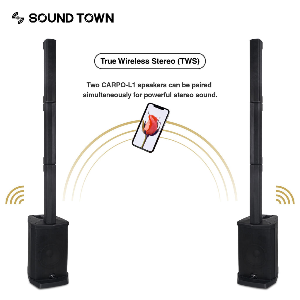Sound Town CARPO-L1MKT3 Portable Line Array Column PA/DJ System with Sub Bass Module, TWS Bluetooth, Built-in 3-channel Mixer, Carry Bag 