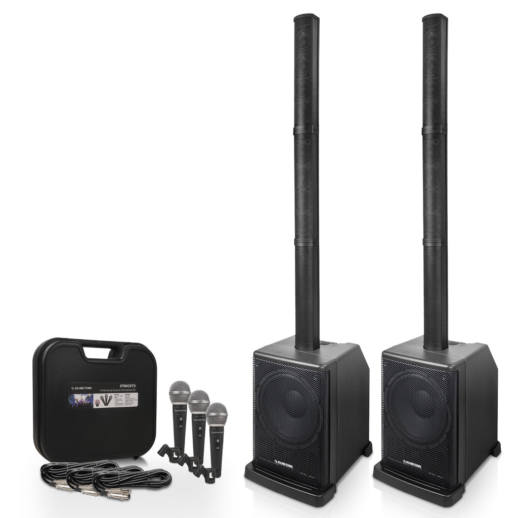 Sound Town CARPO-L2MKT3 | Pair of Portable Column Speaker System, with Two Powered Subwoofers, Two Column Speakers, Three Handheld Microphones