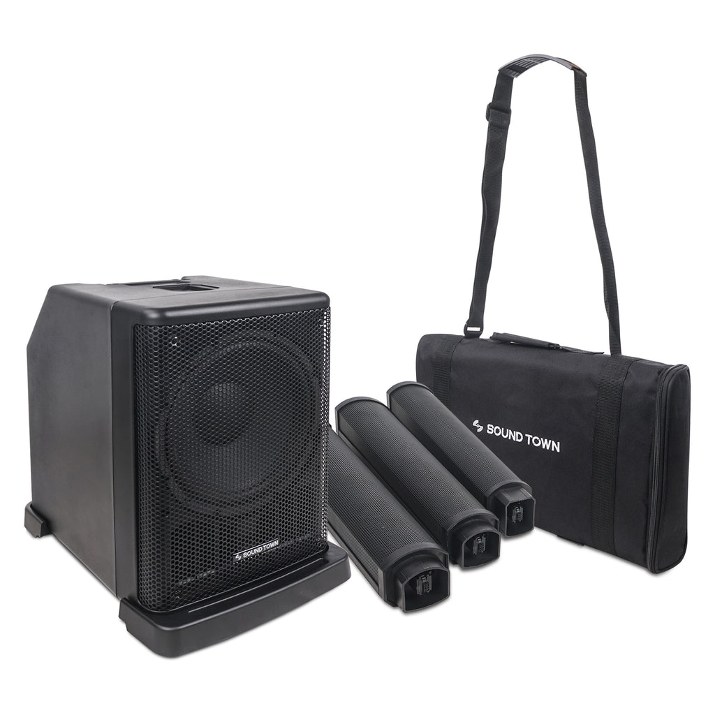 Sound Town CARPO-L2MKT3 Portable Line Array Column PA/DJ System w/ 400W RMS, 12" Powered Subwoofer, 2 x Column Speakers, 1 x Spacer, TWS Bluetooth, 2-Channel Mixer, DSP, Carry Bag - Easy to Transport