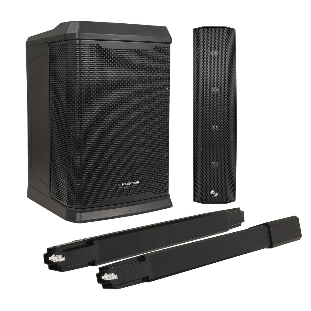 Sound Town CARPO-L3PRO | Portable All-in-One 12" 1200W Powered Column Array PA System w/ Sub Bass Module, 5-Ch, TWS Bluetooth, Onboard DSP, Guitar Effects, Black - Subwoofer, Loudspeaker, and Spacer components
