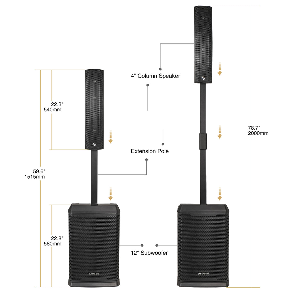 Sound Town CARPO-L3PRO | Portable All-in-One 12" 1200W Powered Column Array PA System w/ Sub Bass Module, 5-Ch, TWS Bluetooth, Onboard DSP, Guitar Effects, Black - Size and Dimensions