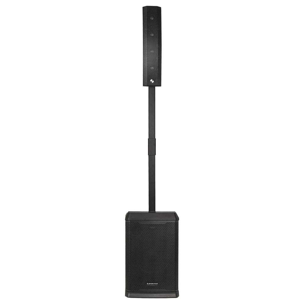 Sound Town CARPO-L3PRO | Portable All-in-One 12" 1200W Powered Column Array PA System w/ Sub Bass Module, 5-Ch, TWS Bluetooth, Onboard DSP, Guitar Effects, Black - Front Panel