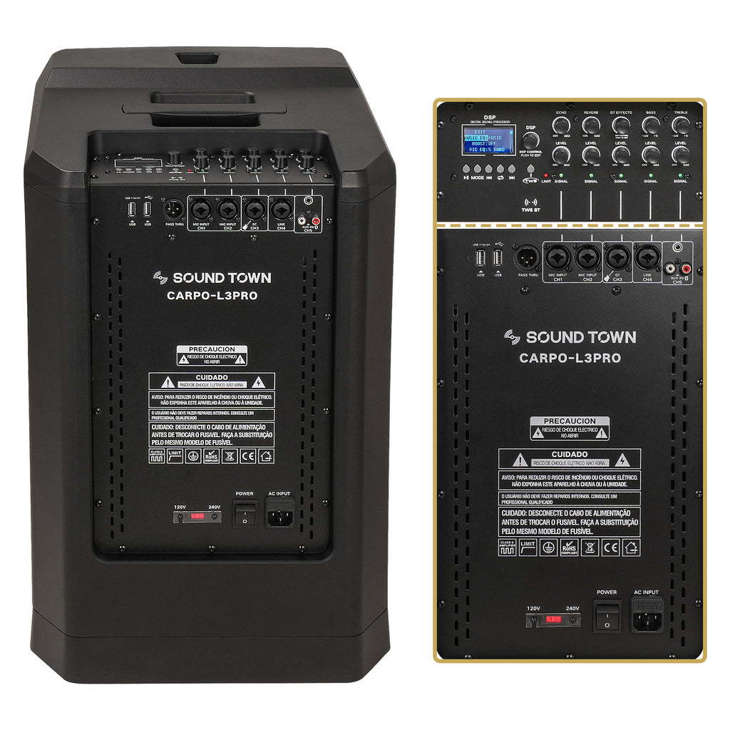 Sound Town CARPO-L3PRO | Portable All-in-One 12" 1200W Powered Column Array PA System w/ Sub Bass Module, 5-Ch, TWS Bluetooth, Onboard DSP, Guitar Effects, Black - Subwoofer Back Panel, Plate Amplifier